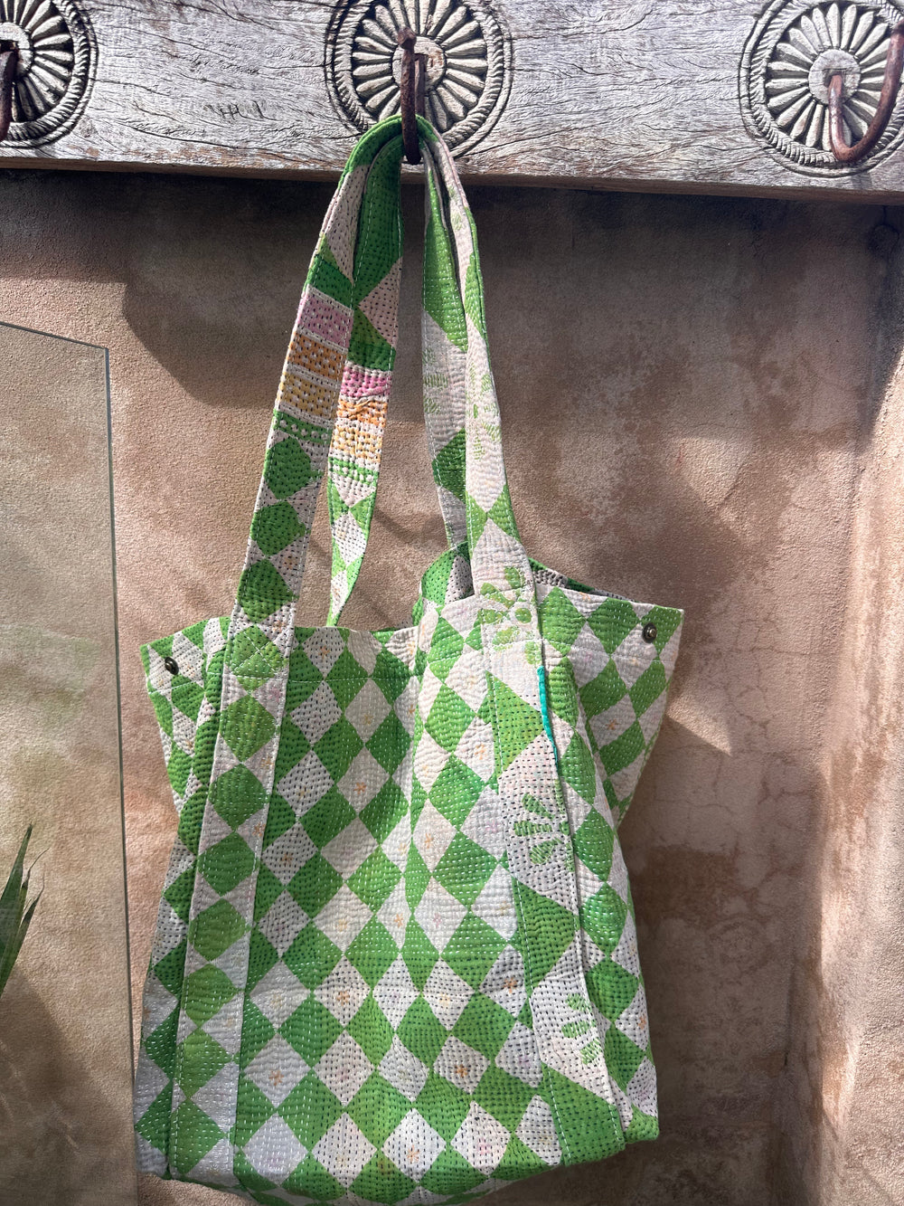 Vintage Kantha Bag green check